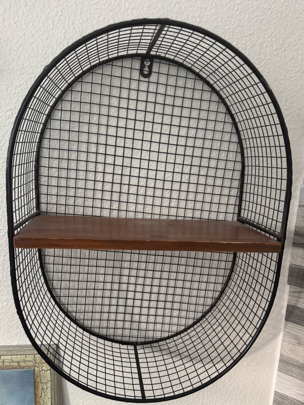 Black Wire Oval Wall Shelf with Brown Wood Accent